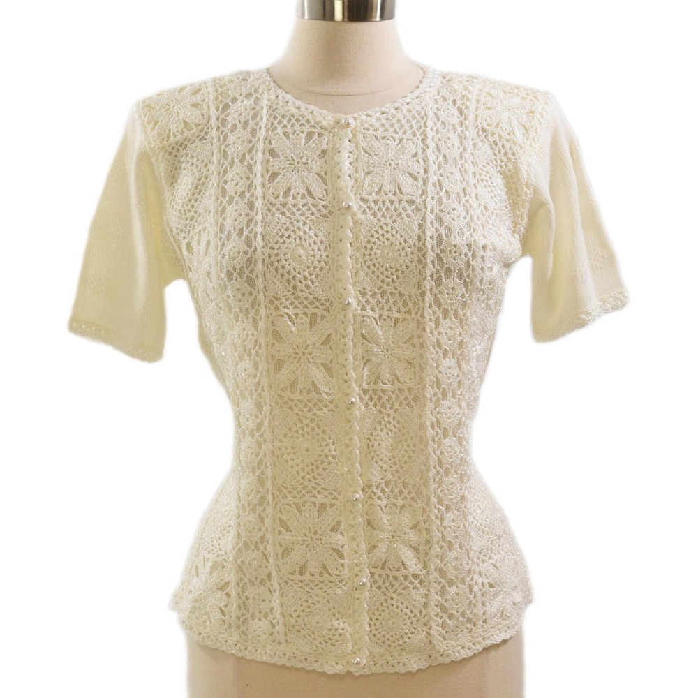 90s Vintage Jaclyn Smith Ivory Crochet Lace Knit Top Short Sleeve Cardi Womens M